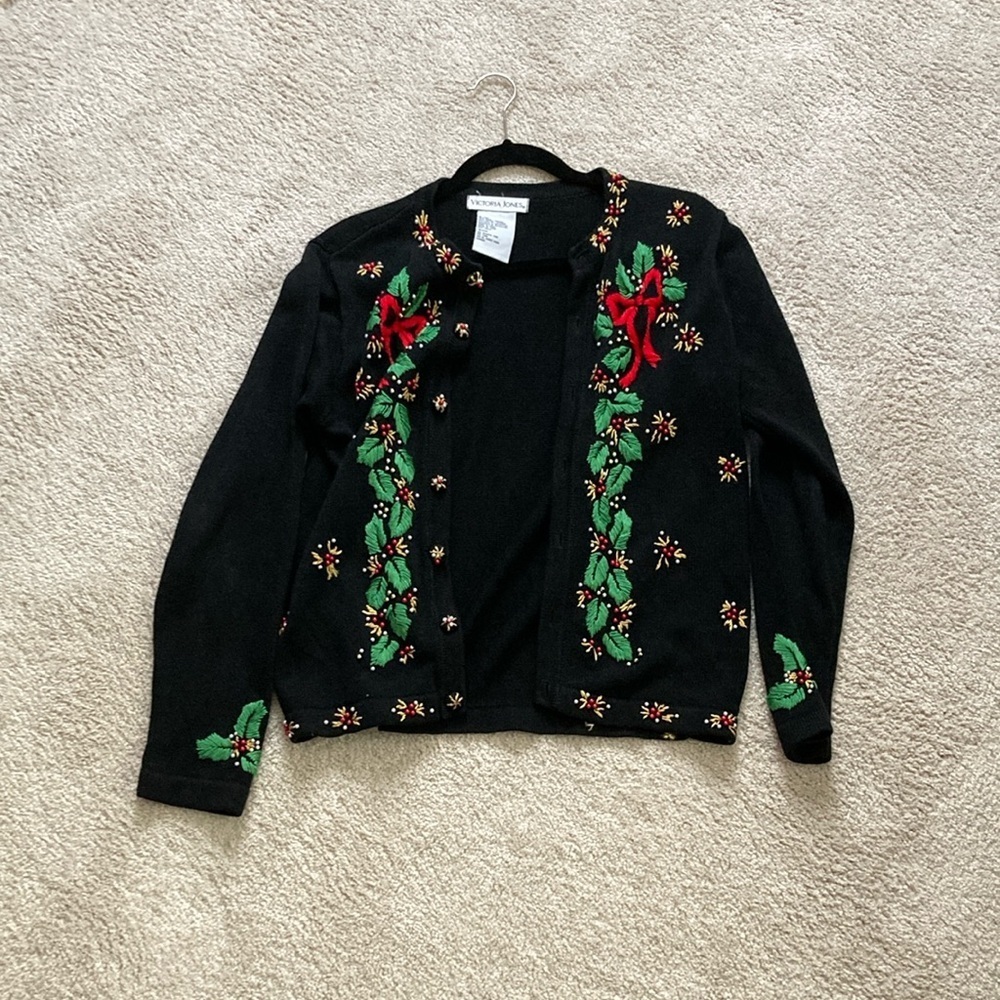 Vintage Victoria jones Christmas holiday embroidered cardigan - Picture 1 of 3